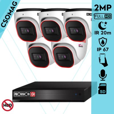 Provision 5 dome kamerás IP megfigyelőrendszer 2MP HD dome biztonsági kamera, 2.8 mm-es fix objektívvel, PoE, beépített mikrofonnal, IR LED 20m, kültéri, fém ház