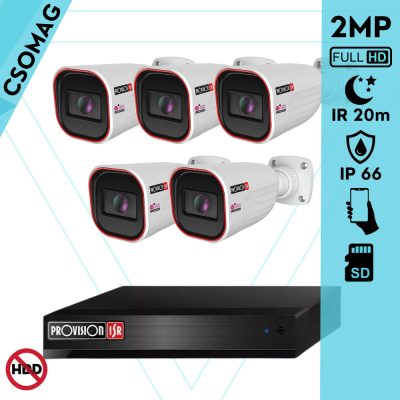 Provision 5 cső kamerás IP megfigyelőrendszer 2MP HD cső biztonsági kamera, 2.8 mm-es fix objektívvel, PoE, IR LED 20m, kültéri, fém ház