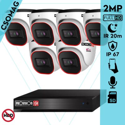 Provision 6 dome kamerás IP megfigyelőrendszer 2MP HD dome biztonsági kamera, 2.8 mm-es fix objektívvel, PoE, beépített mikrofonnal, IR LED 20m, kültéri, fém ház