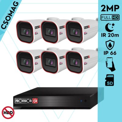 Provision 6 cső kamerás IP megfigyelőrendszer 2MP HD cső biztonsági kamera, 2.8 mm-es fix objektívvel, PoE, IR LED 20m, kültéri, fém ház