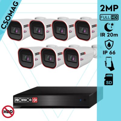 Provision 7 cső kamerás IP megfigyelőrendszer 2MP HD cső biztonsági kamera, 2.8 mm-es fix objektívvel, PoE, IR LED 20m, kültéri, fém ház