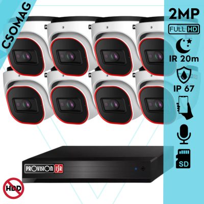 Provision 8 dome kamerás IP megfigyelőrendszer 2MP HD dome biztonsági kamera, 2.8 mm-es fix objektívvel, PoE, beépített mikrofonnal, IR LED 20m, kültéri, fém ház