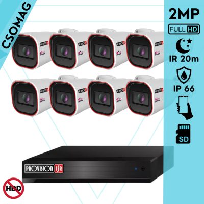 Provision 8 cső kamerás IP megfigyelőrendszer 2MP HD cső biztonsági kamera, 2.8 mm-es fix objektívvel, PoE, IR LED 20m, kültéri, fém ház