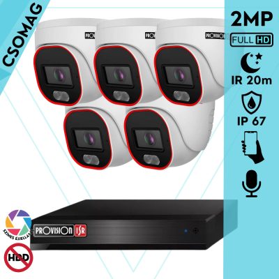 Provision 5 dome kamerás IP megfigyelőrendszer 2MP HD dome biztonsági kamera, 2.8 mm-es fix objektívvel, hibrid világítással, PoE, beépített mikrofonnal, IR 20m, kültéri