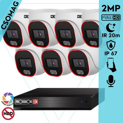 Provision 7 dome kamerás IP megfigyelőrendszer 2MP HD dome biztonsági kamera, 2.8 mm-es fix objektívvel, hibrid világítással, PoE, beépített mikrofonnal, IR 20m, kültéri