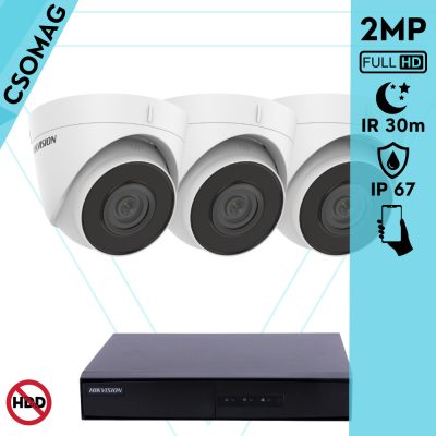 Hikvision 3 turret kamerás IP megfigyelőrendszer 2MP HD turret biztonsági kamera, 2.8 mm-es fix objektívvel, PoE, beépített mikrofonnal, IR LED 30m, kültéri, fém ház
