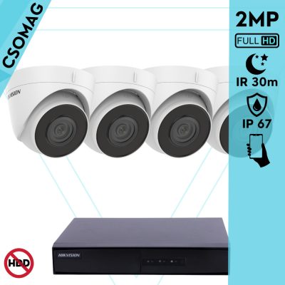 Hikvision 4 turret kamerás IP megfigyelőrendszer 2MP HD turret biztonsági kamera, 2.8 mm-es fix objektívvel, PoE, beépített mikrofonnal, IR LED 30m, kültéri, fém ház