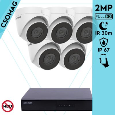 Hikvision 5 turret kamerás IP megfigyelőrendszer 2MP HD turret biztonsági kamera, 2.8 mm-es fix objektívvel, PoE, beépített mikrofonnal, IR LED 30m, kültéri, fém ház