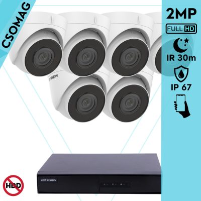 Hikvision 6 turret kamerás IP megfigyelőrendszer 2MP HD turret biztonsági kamera, 2.8 mm-es fix objektívvel, PoE, beépített mikrofonnal, IR LED 30m, kültéri, fém ház