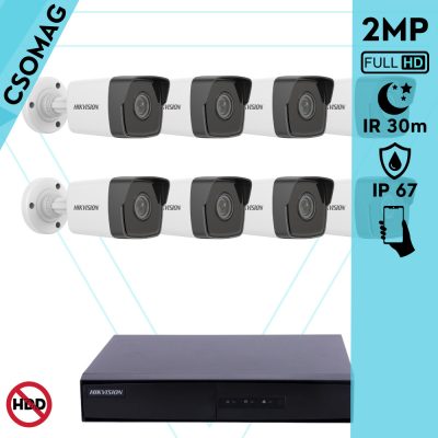 Hikvision 8 cső kamerás IP megfigyelőrendszer 2MP HD cső biztonsági kamera, 2.8 mm-es fix objektívvel, PoE, beépített mikrofonnal, IR LED 30m, kültéri, fém ház