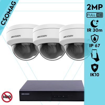 Hikvision 3 dome kamerás IP megfigyelőrendszer 2MP HD dome biztonsági kamera, 2.8 mm-es fix objektívvel, PoE, P2P, kültéri, fém ház, vandálbiztos