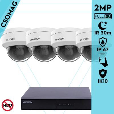 Hikvision 4 dome kamerás IP megfigyelőrendszer 2MP HD dome biztonsági kamera, 2.8 mm-es fix objektívvel, PoE, P2P, kültéri, fém ház, vandálbiztos