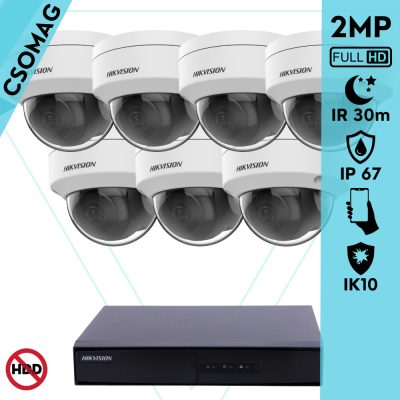 Hikvision 7 dome kamerás IP megfigyelőrendszer 2MP HD dome biztonsági kamera, 2.8 mm-es fix objektívvel, PoE, P2P, kültéri, fém ház, vandálbiztos
