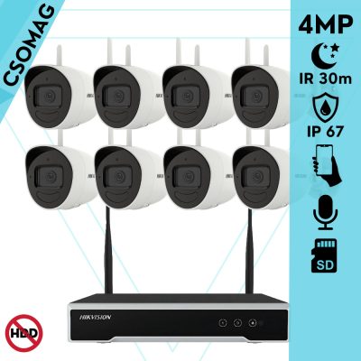Hikvision 8 cső kamerás WIFI megfigyelőrendszer 4MP cső biztonsági kamera, 4.0 mm-es fix objektívvel, beépített WiFi antennával és mikrofonnal, microSD kártyafoglalat, infravörös éjjellátó, IR 30m, kültéri