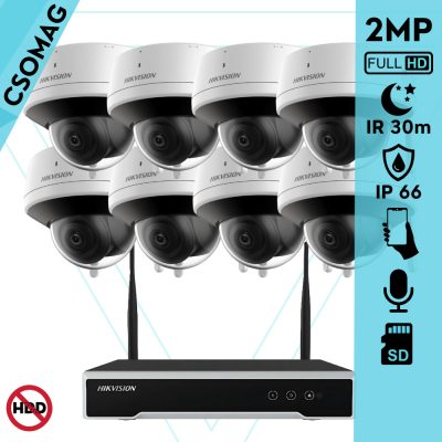 Hikvision 8 dóm kamerás WIFI megfigyelőrendszer 2MP dóm biztonsági kamera, 4.0 mm-es fix objektívvel, beépített WiFi antennával és mikrofonnal, microSD kártyafoglalat, infravörös éjjellátó, IR 30m, kültéri