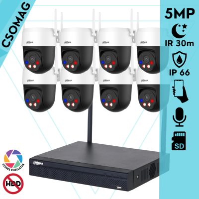 Dahua 8 dóm kamerás WIFI megfigyelőrendszer 5MP dóm biztonsági kamera, 4.0 mm-es fix objektívvel, beépített WiFi antennával és mikrofonnal, microSD kártyafoglalat, hibrid megvilágítással, megvilágítási távolság 30m, kültéri