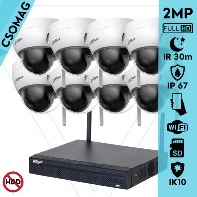 Dahua 8 dóm kamerás WIFI megfigyelőrendszer 2MP dóm biztonsági kamera, 2.8 mm-es fix objektívvel, beépített WiFi antennával, microSD kártyafoglalat, IR LED 30m, IK10 vandálbiztos, kültéri