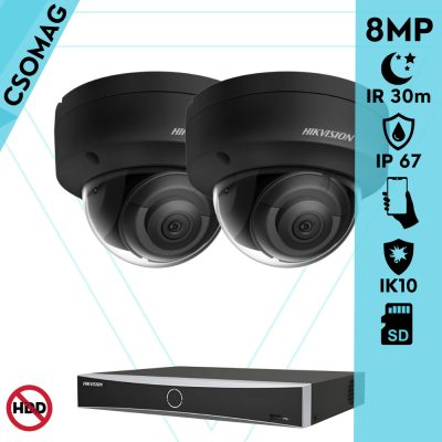 Hikvision 2 dome kamerás IP megfigyelőrendszer 8MP dome biztonsági kamera, AcuSense, 2.8 mm-es fix objektívvel, PoE, P2P, IR LED 30m, fekete fém ház, kültéri, IK10 vandálbiztos
