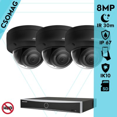 Hikvision 3 dome kamerás IP megfigyelőrendszer 8MP dome biztonsági kamera, AcuSense, 2.8 mm-es fix objektívvel, PoE, P2P, IR LED 30m, fekete fém ház, kültéri, IK10 vandálbiztos