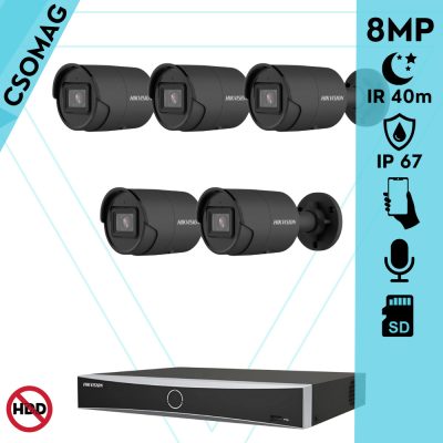 Hikvision 5 cső kamerás IP megfigyelőrendszer 8MP cső biztonsági kamera, AcuSense, 2.8 mm-es fix objektívvel, PoE, IR LED 40m, beépített mikrofonnal, fekete fém ház, kültéri