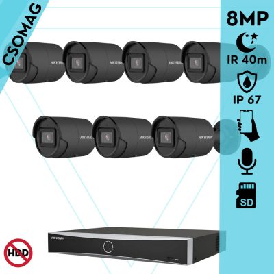 Hikvision 7 cső kamerás IP megfigyelőrendszer 8MP cső biztonsági kamera, AcuSense, 2.8 mm-es fix objektívvel, PoE, IR LED 40m, beépített mikrofonnal, fekete fém ház, kültéri
