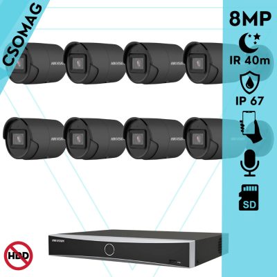 Hikvision 8 cső kamerás IP megfigyelőrendszer 8MP cső biztonsági kamera, AcuSense, 2.8 mm-es fix objektívvel, PoE, IR LED 40m, beépített mikrofonnal, fekete fém ház, kültéri