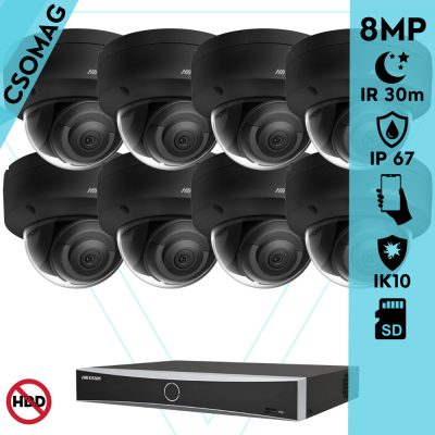 Hikvision 8 dome kamerás IP megfigyelőrendszer 8MP dome biztonsági kamera, AcuSense, 2.8 mm-es fix objektívvel, PoE, P2P, IR LED 30m, fekete fém ház, kültéri, IK10 vandálbiztos