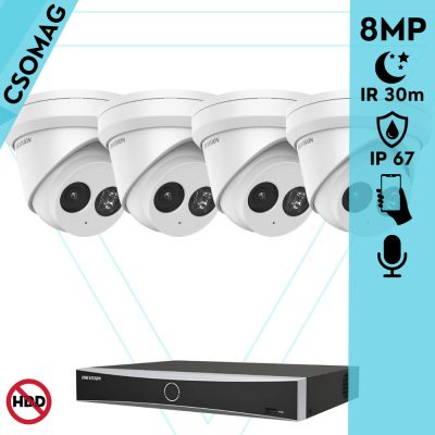 Hikvision 4 turret kamerás IP megfigyelőrendszer 8MP turret biztonsági kamera, 2.8 mm-es fix objektívvel, PoE, IR LED 30m, beépített mikrofonnal, fém ház, kültéri