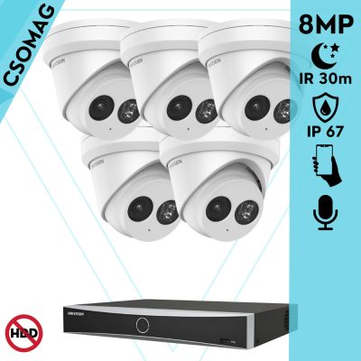 Hikvision 5 turret kamerás IP megfigyelőrendszer 8MP turret biztonsági kamera, 2.8 mm-es fix objektívvel, PoE, IR LED 30m, beépített mikrofonnal, fém ház, kültéri