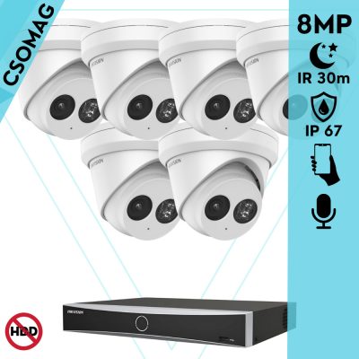 Hikvision 6 turret kamerás IP megfigyelőrendszer 8MP turret biztonsági kamera, 2.8 mm-es fix objektívvel, PoE, IR LED 30m, beépített mikrofonnal, fém ház, kültéri