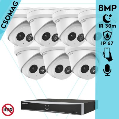 Hikvision 7 turret kamerás IP megfigyelőrendszer 8MP turret biztonsági kamera, 2.8 mm-es fix objektívvel, PoE, IR LED 30m, beépített mikrofonnal, fém ház, kültéri