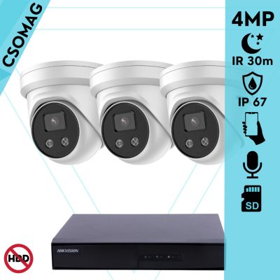 Hikvision 3 turret kamerás IP megfigyelőrendszer 4MP turret biztonsági kamera, 2.8 mm-es fix objektívvel, beépített mikrofon, microSD, valós WDR, PoE, P2P, IR LED 30m, fém ház, kültéri