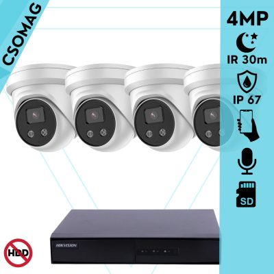 Hikvision 4 turret kamerás IP megfigyelőrendszer 4MP turret biztonsági kamera, 2.8 mm-es fix objektívvel, beépített mikrofon, microSD, valós WDR, PoE, P2P, IR LED 30m, fém ház, kültéri