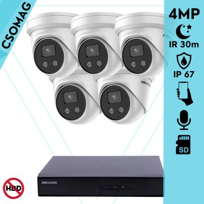 Hikvision 5 turret kamerás IP megfigyelőrendszer 4MP turret biztonsági kamera, 2.8 mm-es fix objektívvel, beépített mikrofon, microSD, valós WDR, PoE, P2P, IR LED 30m, fém ház, kültéri