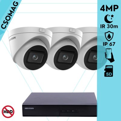 Hikvision 3 turret kamerás IP megfigyelőrendszer 4MP turret biztonsági kamera, 2.8 - 12 mm varifokális objektív, hang I/O, riasztás I/O, Valós WDR, microSD, PoE, P2P, IR LED 30m, fém ház, kültéri