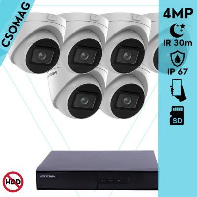 Hikvision 6 turret kamerás IP megfigyelőrendszer 4MP turret biztonsági kamera, 2.8 - 12 mm varifokális objektív, hang I/O, riasztás I/O, Valós WDR, microSD, PoE, P2P, IR LED 30m, fém ház, kültéri