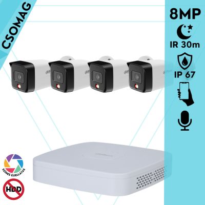 Dahua 4 cső kamerás IP megfigyelőrendszer 8MP cső biztonsági kamera, 2.8 mm-es fix objektívvel, PoE, beépített mikrofonnal, hibrid megvilágítással, fém ház, kültéri