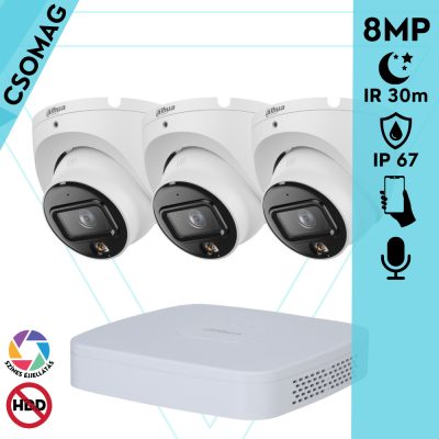 Dahua 3 turret kamerás IP megfigyelőrendszer 8MP turret biztonsági kamera, 2.8 mm-es fix objektívvel, PoE, beépített mikrofonnal, hibrid megvilágítással, fém ház, kültéri