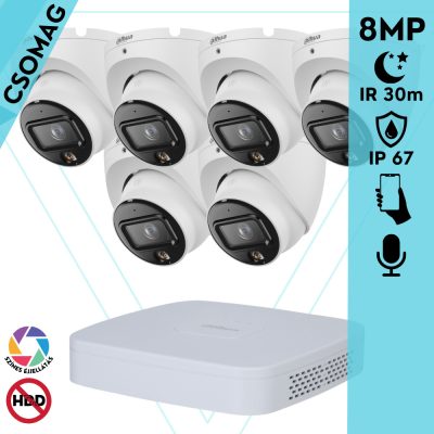 Dahua 6 turret kamerás IP megfigyelőrendszer 8MP turret biztonsági kamera, 2.8 mm-es fix objektívvel, PoE, beépített mikrofonnal, hibrid megvilágítással, fém ház, kültéri