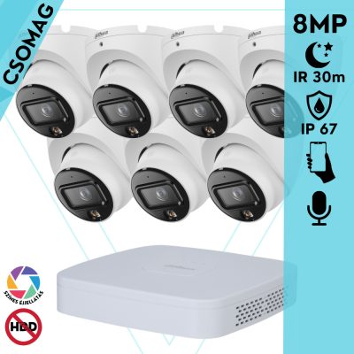 Dahua 7 turret kamerás IP megfigyelőrendszer 8MP turret biztonsági kamera, 2.8 mm-es fix objektívvel, PoE, beépített mikrofonnal, hibrid megvilágítással, fém ház, kültéri
