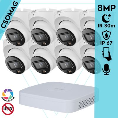 Dahua 8 turret kamerás IP megfigyelőrendszer 8MP turret biztonsági kamera, 2.8 mm-es fix objektívvel, PoE, beépített mikrofonnal, hibrid megvilágítással, fém ház, kültéri