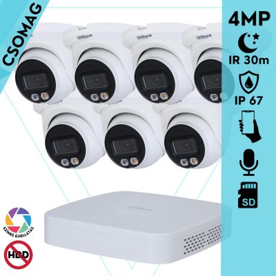 Dahua 7 turret kamerás IP megfigyelőrendszer 4MP turret biztonsági kamera, 2.8 mm-es fix objektívvel, PoE, beépített mikrofonnal, hibrid megvilágítással, fém ház, kültéri