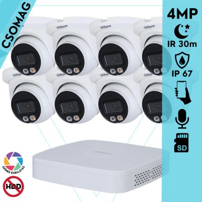 Dahua 8 turret kamerás IP megfigyelőrendszer 4MP turret biztonsági kamera, 2.8 mm-es fix objektívvel, PoE, beépített mikrofonnal, hibrid megvilágítással, fém ház, kültéri