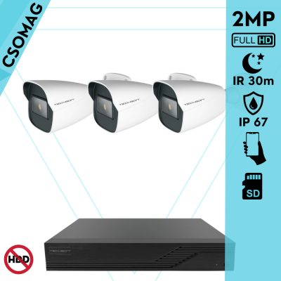 Techson 3 cső kamerás IP megfigyelőrendszer 2MP cső biztonsági kamera, 2.8 mm-es fix objektívvel, SD kártya foglalattal, PoE, IR LED 30m, kültéri, fém ház