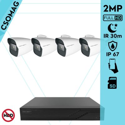 Techson 4 cső kamerás IP megfigyelőrendszer 2MP cső biztonsági kamera, 2.8 mm-es fix objektívvel, SD kártya foglalattal, PoE, IR LED 30m, kültéri, fém ház