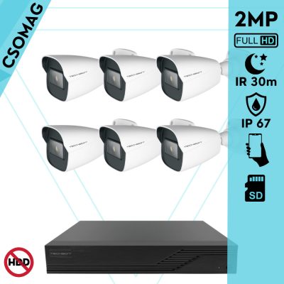 Techson 6 cső kamerás IP megfigyelőrendszer 2MP cső biztonsági kamera, 2.8 mm-es fix objektívvel, SD kártya foglalattal, PoE, IR LED 30m, kültéri, fém ház
