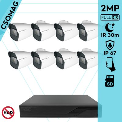 Techson 8 cső kamerás IP megfigyelőrendszer 2MP cső biztonsági kamera, 2.8 mm-es fix objektívvel, SD kártya foglalattal, PoE, IR LED 30m, kültéri, fém ház