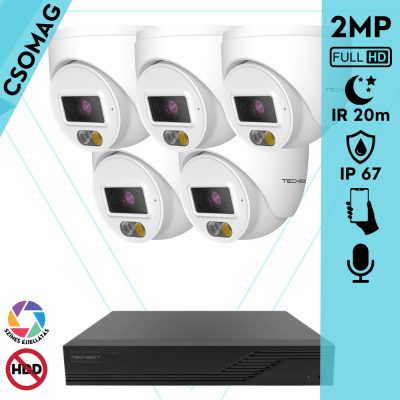 Techson 5 turret kamerás IP megfigyelőrendszer 2MP turret biztonsági kamera, 2.8 mm-es fix objektív, PoE, beépített mikrofonnal, hibrid világítással 20m-ig, kültéri