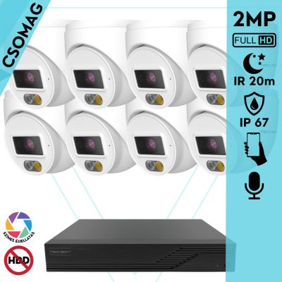 Techson 8 turret kamerás IP megfigyelőrendszer 2MP turret biztonsági kamera, 2.8 mm-es fix objektív, PoE, beépített mikrofonnal, hibrid világítással 20m-ig, kültéri