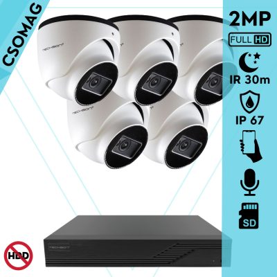 Techson 5 turret kamerás IP megfigyelőrendszer 2MP turret biztonsági kamera, 2.8 mm-es fix objektívvel, PoE, SD kártya foglalattal, beépített mikrofonnal, IR LED 30m, kültéri, fém ház